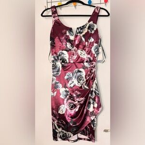 BCX Floral Satin Dress - Burgundy and Gray